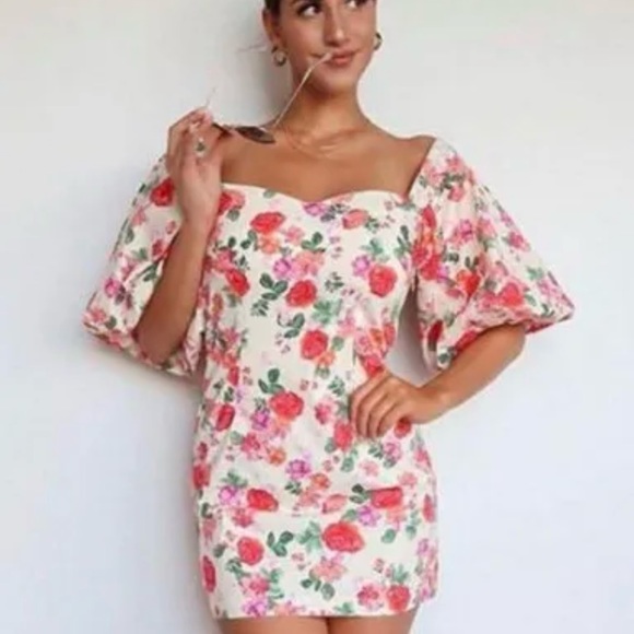 Zara Ivory Floral Dress with Balloon Sleeves - Picture 2 of 11